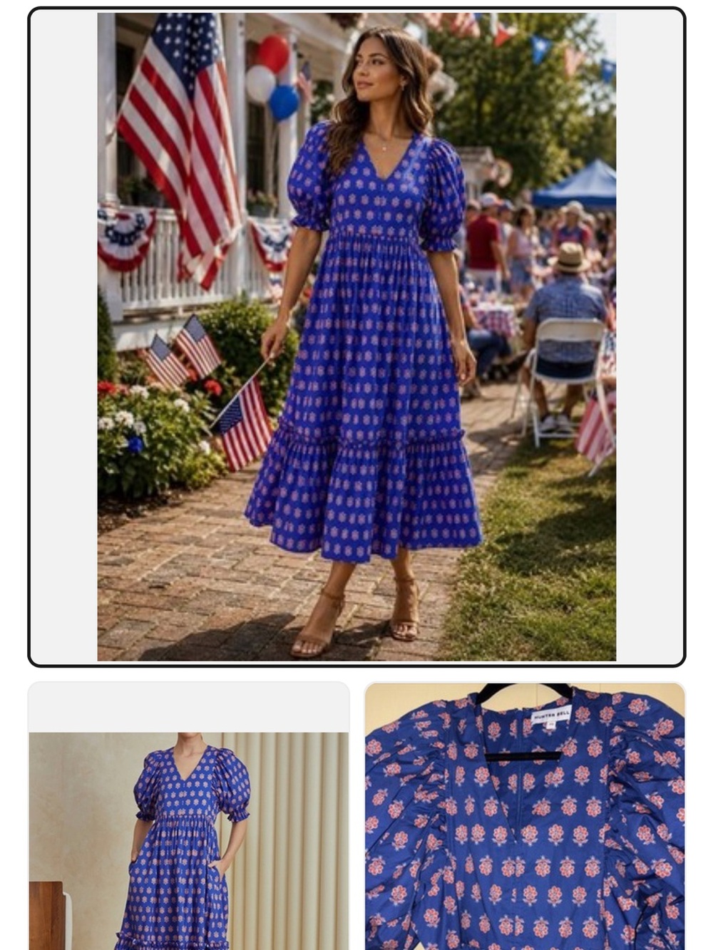 Hunter Bell Palmer Dress Oxford Foulard Puff Sleeve Midi Blue Floral Retired XL